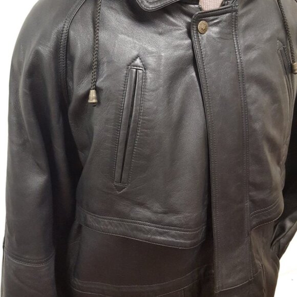 Unisex Soft Leather Belted Parka Hip Hooded Jacket - Picture 3 of 3